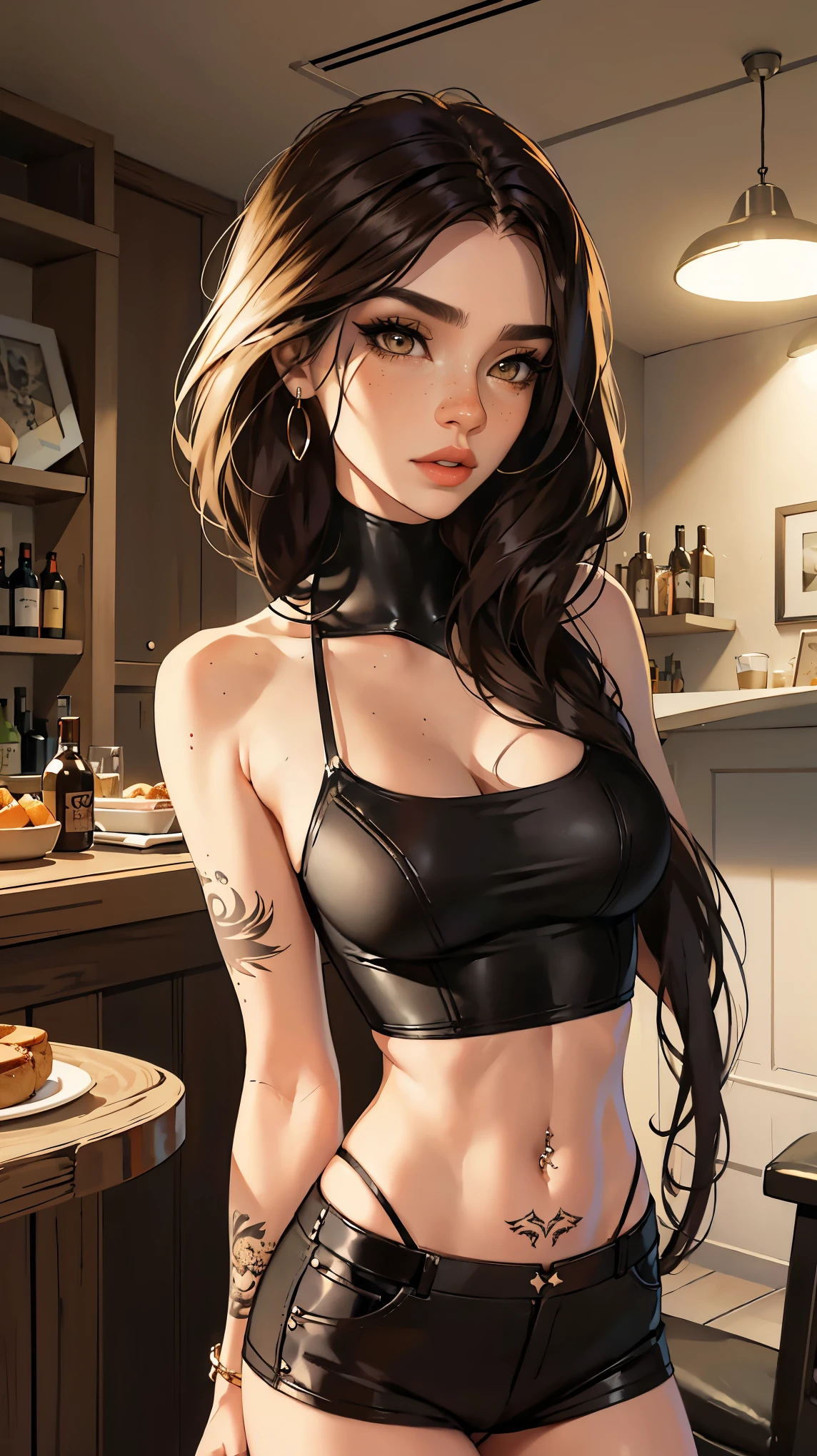 (lifelike, high - resolution:1.3), 1 girl with a perfect body,slender body, Suprenme face and eyes, blaire ivory, lena anderson, (dark eyelashes, eyeliner), shoulder length hair, freckles, golden brown hair with dark roots, shoulder length hair, skinny, petite, saloon girl, saloon bartender, long torso, abdomen, torn pantyhose under short shorts, (covered in tattoos, septum piercing)