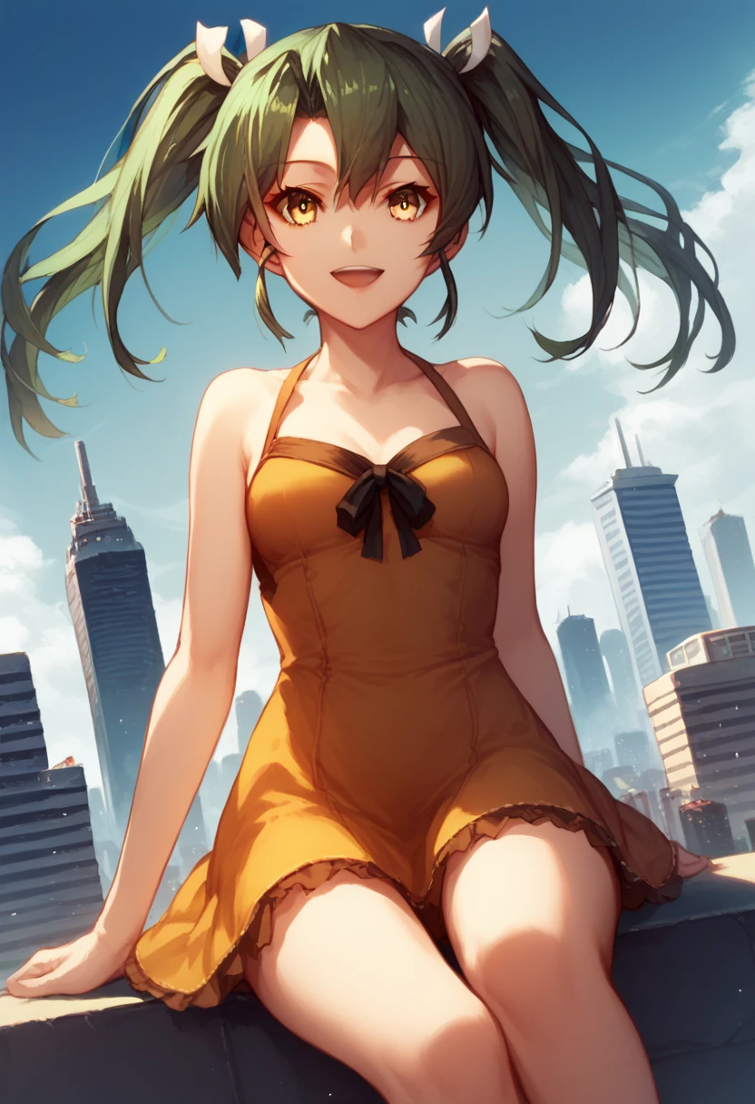 score_9, score_8_up, score_7_up, source_anime,, 1girl,solo, zuikaku (kancolle), dress, ribbon, green hair, yellow eyes, twintails ,open mouth, small breasts, smile,outdoors, cityscape, smile, looking at viewer, cowboy shot, dutch angle, sitting, bare legs