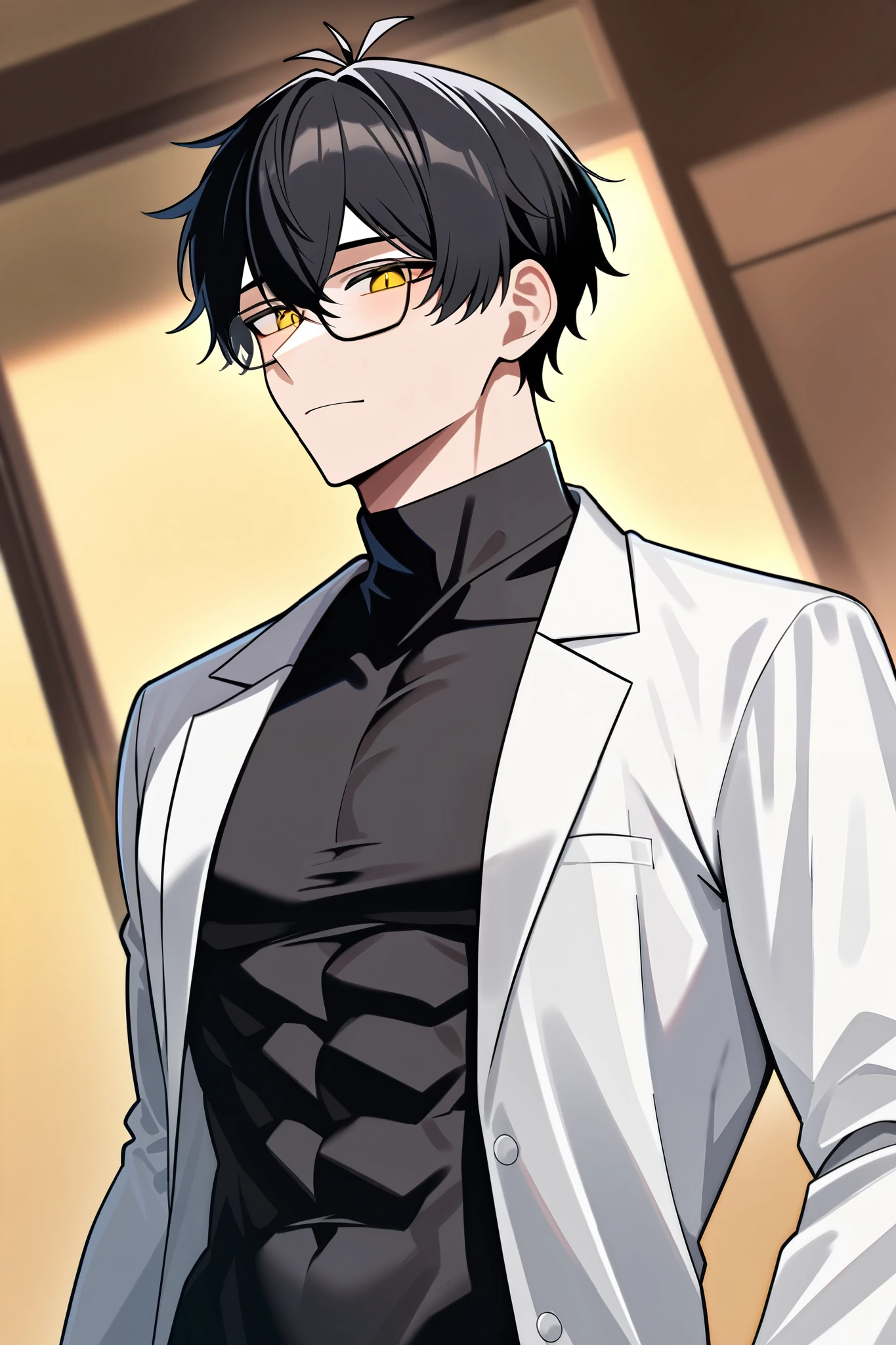 Tired male scientist, alone, god-like, short black hair and golden eyes with glasses, long lab coat, black turtleneck shirt, toned