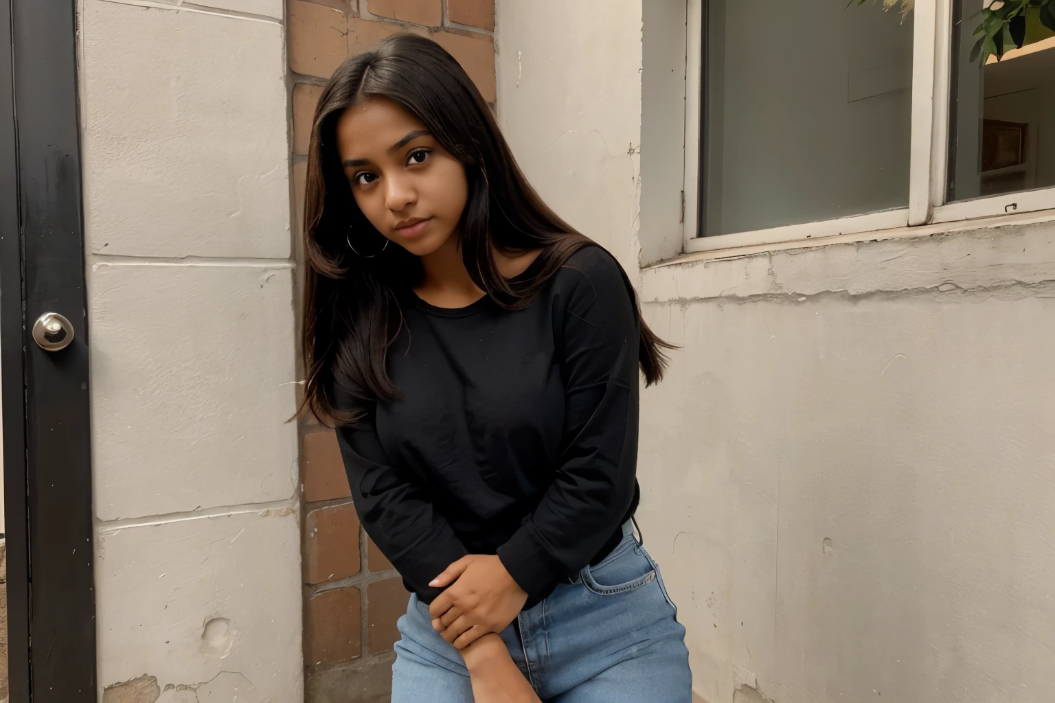body photo, beautiful detailed, cute face, short, mexican Guanajuato teen, slightly chubby, long black hair, black hair over one eye, long sleeve plain T-shirt, long pants, fat wide hips, solo, 