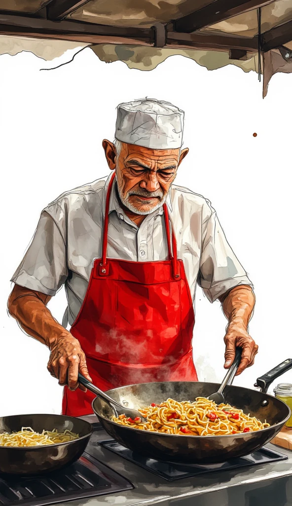 a photograph of an old asian man in red apron and a white cap frying noodles using a wok and spatula, roofed food stall, white background