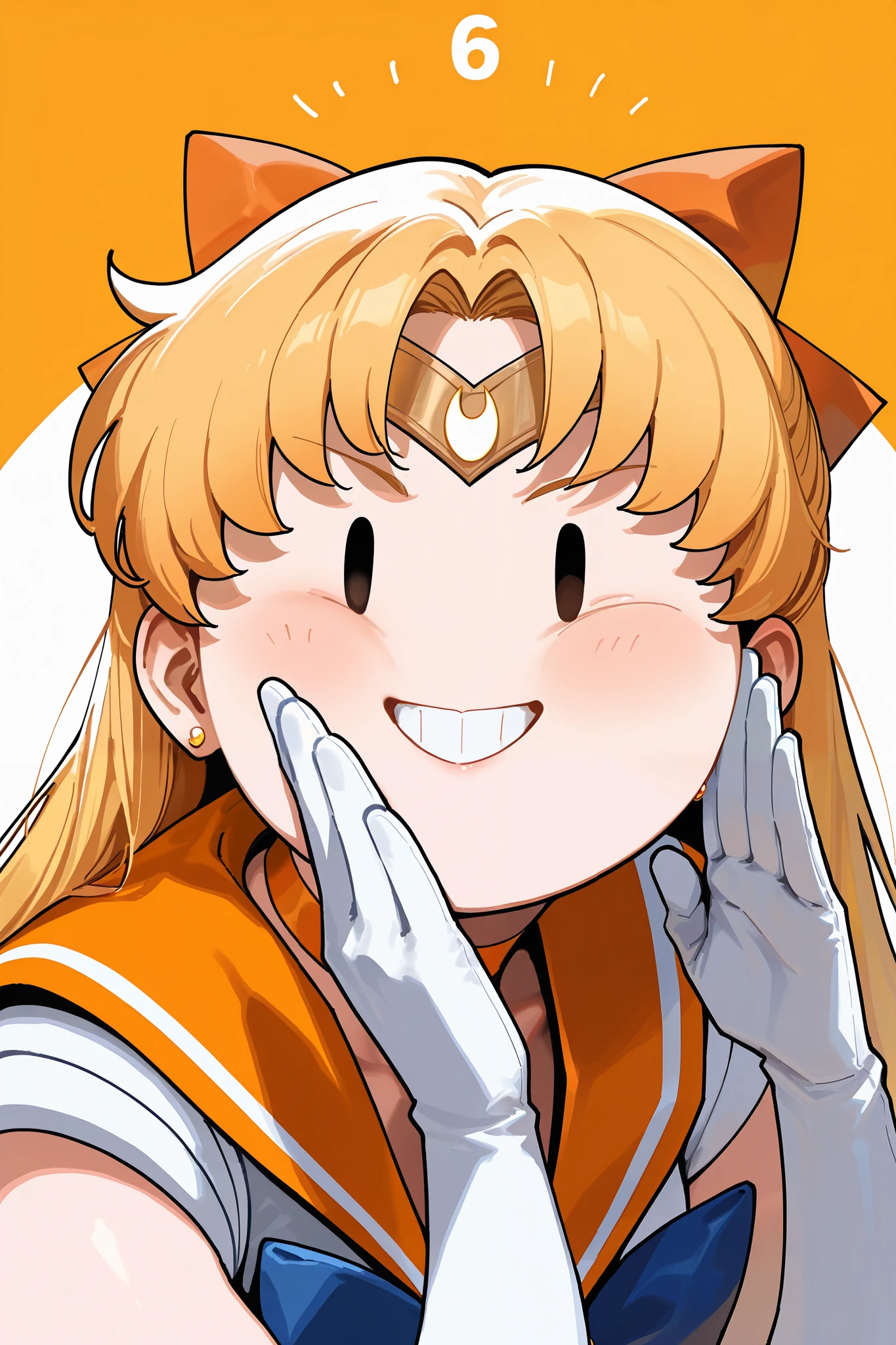 score_9, score_8_up, score_7_up, score_6_up, ((masterpiece)), ((best quality)), (ultra-detailed), ((extremely detailed)), (8K), best quality, (((orange Sailor Venus))), (((oval narrow face))), Trademark pose, Mature look, beautiful, grin, 