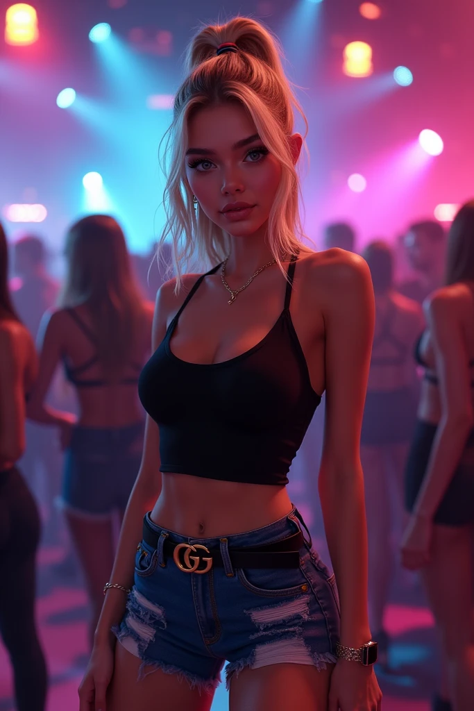 A SEXY 30 YEAR OLD FEMALE WITH BLONDE HAIR, BLUE EYES WEARING A BLACK SEXY BRA, A SHORT BLUE PLEATED SKIRT WITH A YELLOW LEATHER BELT AND YELLOW TRIM, AND TALL RED HEELED BOOTS, HANDS ON HIPS LOOKING AT VIEWER. INCREDIBLE DETIALS, 8K RESOLUTION. DYNAMIC BACKGROUND.