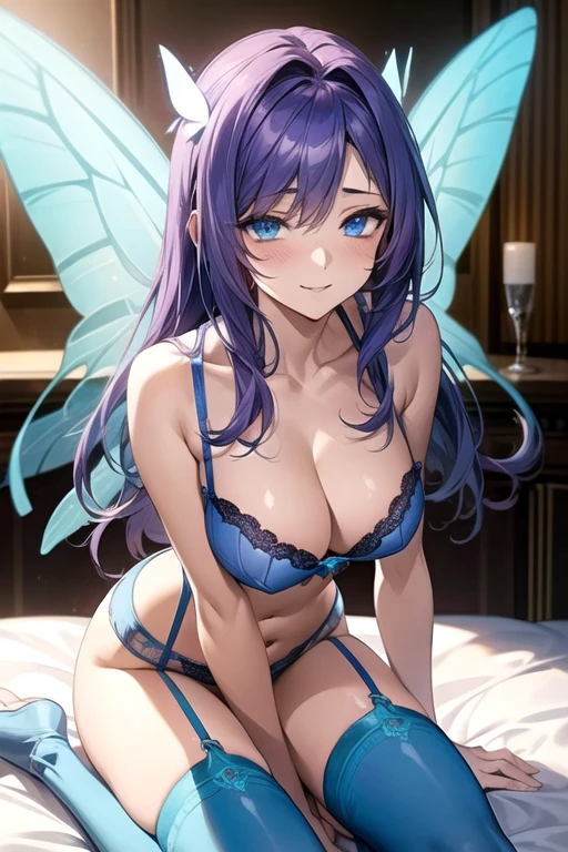 ((Best Quality)), ((Masterpiece)), (detailed), purple hair, blue eyes, hair ornament, butterfly wings,sexy, large breast, bed, cum in pussy, breast milk, nude, naked, nipple