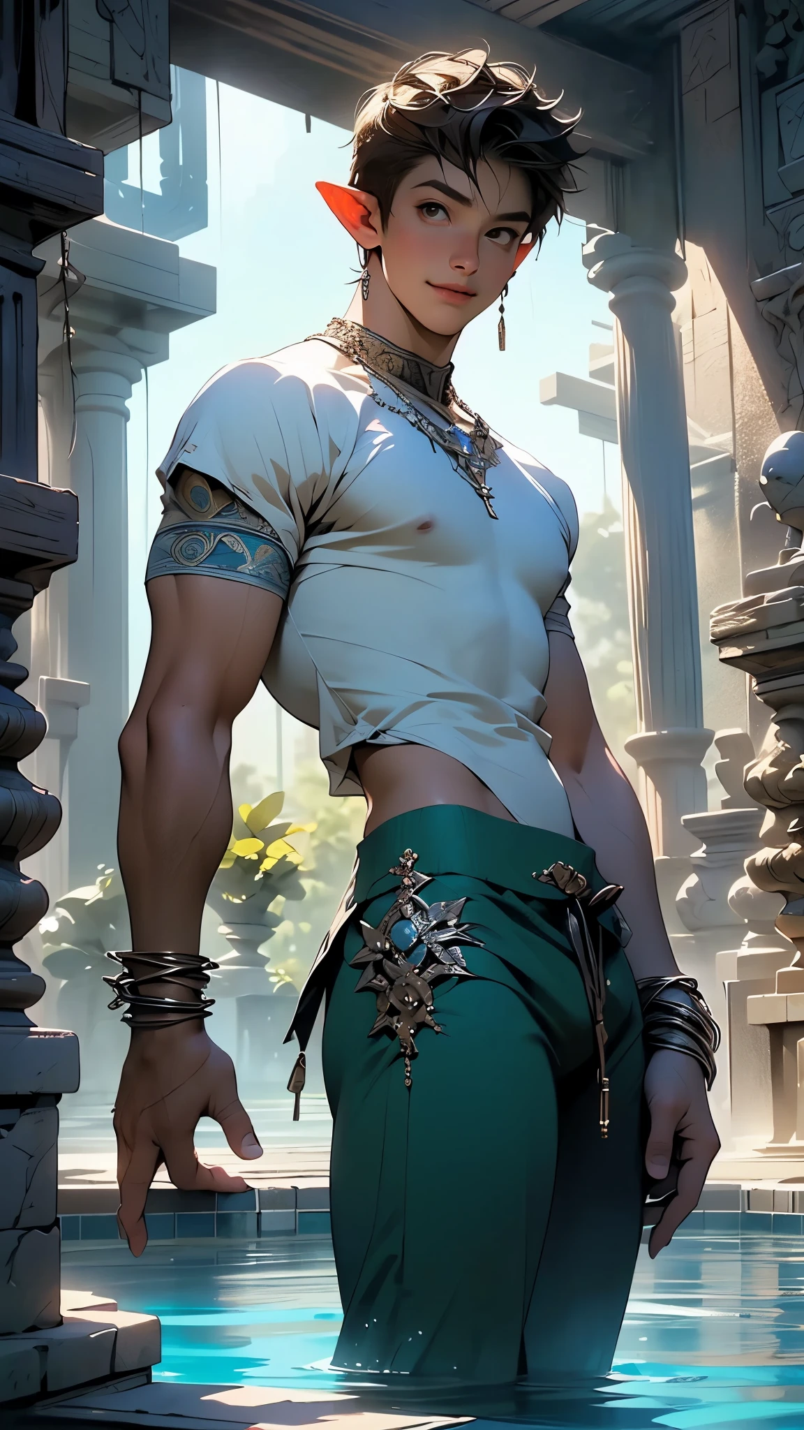 (male) Aztec,(Sexy Aztec boy),((((1male,1 male, 1man, 1 man:1.5,man,male,male gender:1.5)))),((((old man,50 year old man)))),macho man,

(((black hair, Men's haircut with braid:1.5))),(((eyes golden:1.3))),intricate eyes,beautiful detailed eyes,symmetrical eyes,(ultra-detailed black eyes:1.1,symmetrical eyes:1),man chest,(((dark skin lustrous skin:1.5,tanned skin,bright skin: 1.5,skin tanned,shiny skin,very shiny skin,shiny body))),perfect face,muscle chest,muscle,(((detailed face))),

(nsfw),opulent,sumptuous,

male, warrior, blue skin, muscular build, abs, strong arms,aztec clothes,helmet with green feathers, red skirt garnished with bones,shoulder pats, armguards, muscular,(barefoot,),(((tribal pants,bulge in pants))),((tattoos and markings:1.5)),((wet clothing,intricate outfit)),

dynamic pose,looking at viewer,angry ,centered,scale to fit dimensions,Rule of thirds,

outdoors,pillars,((pillars background,aztec palace,aztec palace background,pyramids in the background)),scenery,extremely scenery,(puddles everywhere,moss,moss on the background),sunset, golden hour),

(Glossy aztec ornaments),highres,sharp focus,(ultra detailed,extremely detailed),(photorealistic artwork:1.37),(extremely detailed CG unity 8k wallpaper),(((vibrant colors,vibrant theme))),(intricate),(masterpiece),(best quality),artistic photography,(photography taken by sldr),(intricate background),perfect rendered face,perfect face details,realistic face,photo realistic,((intricate detail)),(((realism))),

