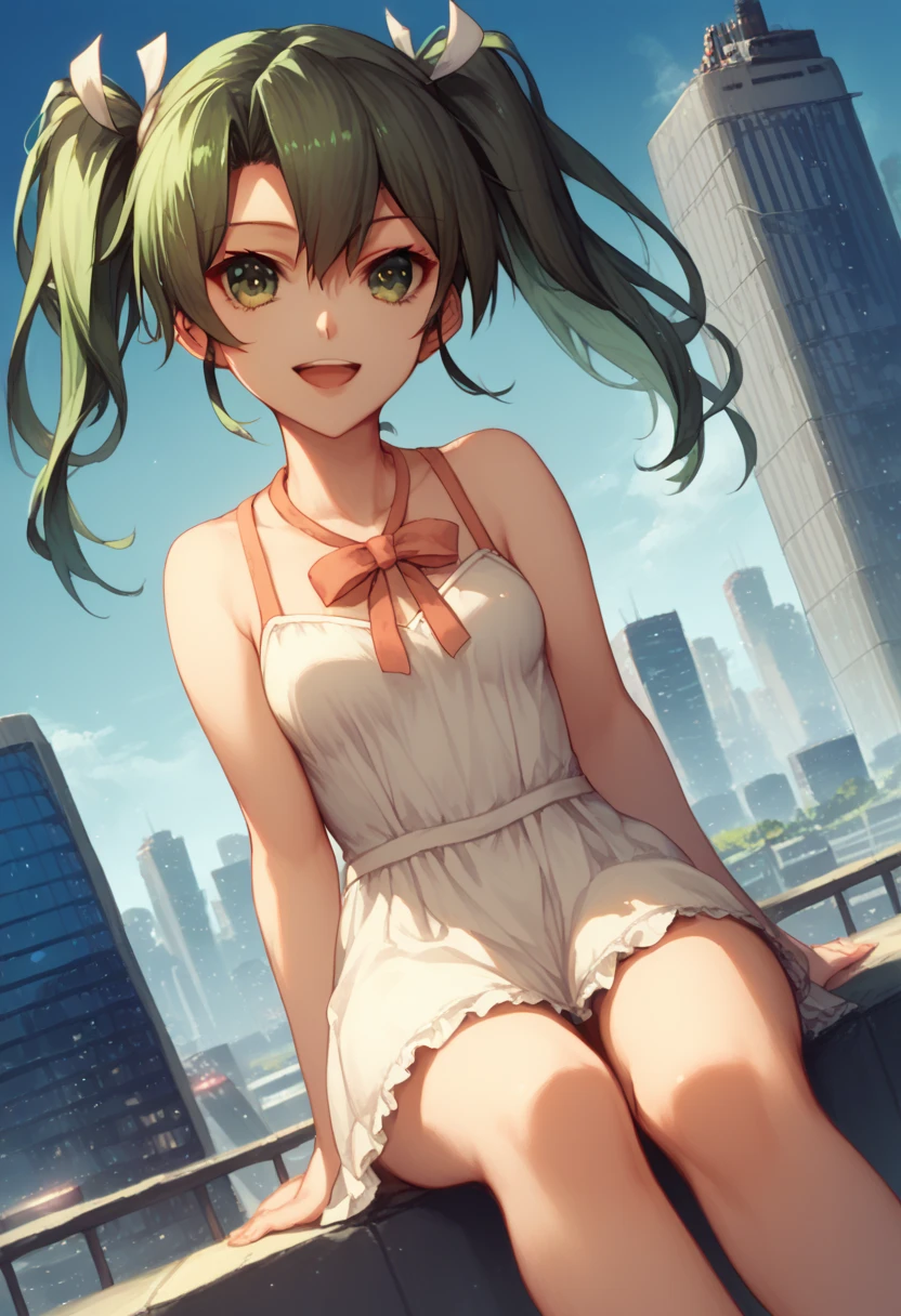 score_9, score_8_up, score_7_up, source_anime,, 1girl,solo, zuikaku (kancolle), dress, ribbon, green hair, green eyes, twintails ,open mouth, small breasts, smile,outdoors, cityscape, smile, looking at viewer, cowboy shot, dutch angle, sitting, bare legs