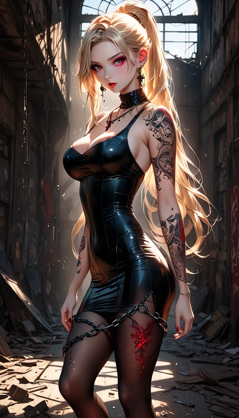 cute woman, blonde long thick eyelashes, iridescent blonde ponytail with bare forehead, sexy beauty expression, lewd great body proportion, wearing red tight fit gothic huge breasts dress, black pantyhose, red high heels, covered in tattoos, brandishing a dull shining chain, armpit, abandoned warehouse with high ceilings and broken glass on the bay, professional and perfect composition, extremely delicate depiction, extremely clear image, various effects, bold and dynamic, contrasts of light and shadow, 2.5D, artistic photography, hyper realistic, ultra detailed, absolutely resolution, masterpiece