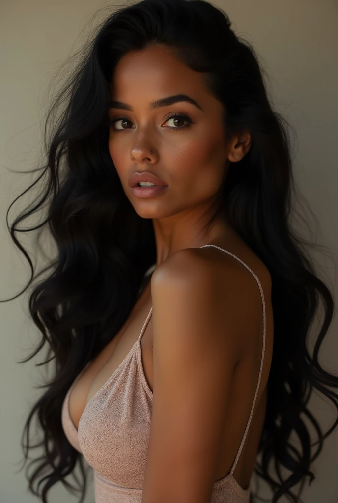 INSTAGRAM MODEL , with long wavy black hair , with beautiful sexy dress