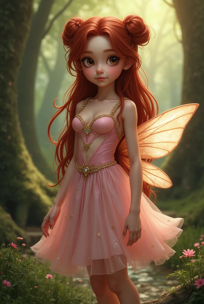 Flower fairy with curly brown hair in a pink dress made of flowers and sparkly wings. She is in a field and is surrounded by butterflies.