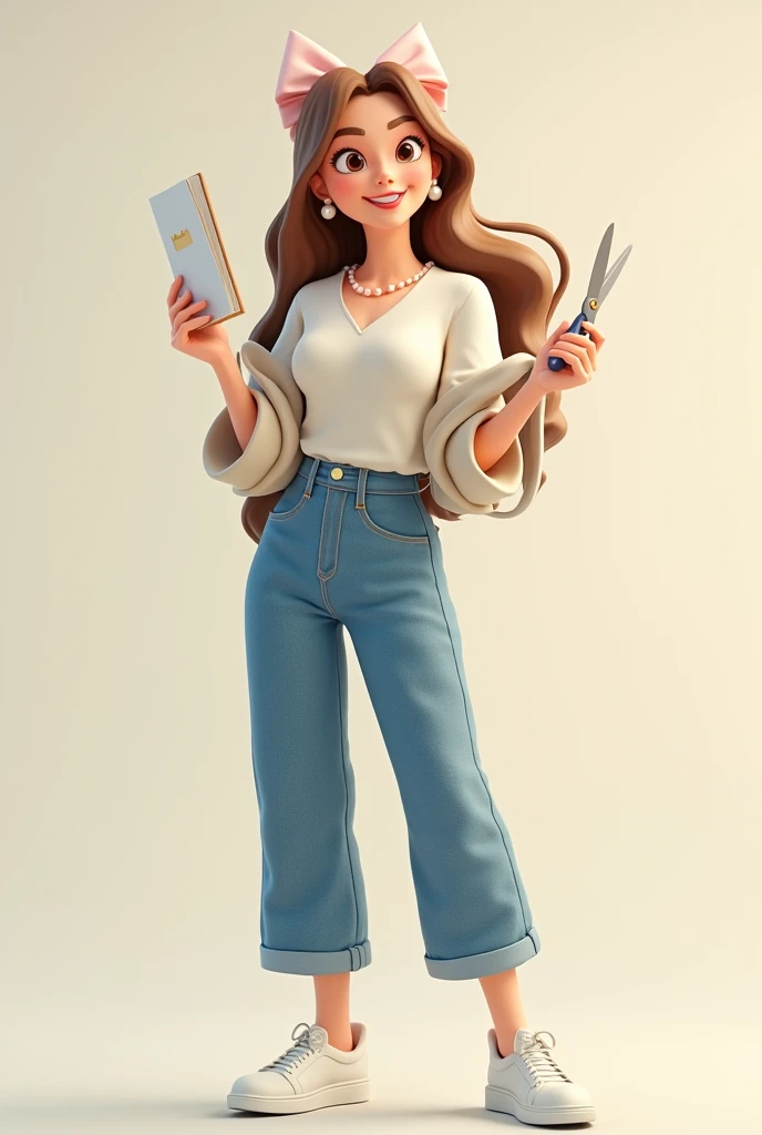 A happy woman wearing a full graduation uniform, holding scissors in her right hand and hugging a mannequin, and next to her are clothes stands and a sewing machine, a 2D cartoon drawing with high detail.