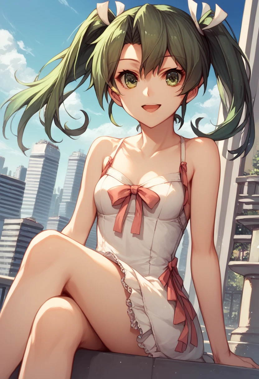 score_9, score_8_up, score_7_up, source_anime,, 1girl,solo, zuikaku (kancolle), dress, ribbon, green hair, green eyes, twintails ,open mouth, small breasts, smile,outdoors, cityscape, smile, looking at viewer, cowboy shot, dutch angle, sitting, bare legs