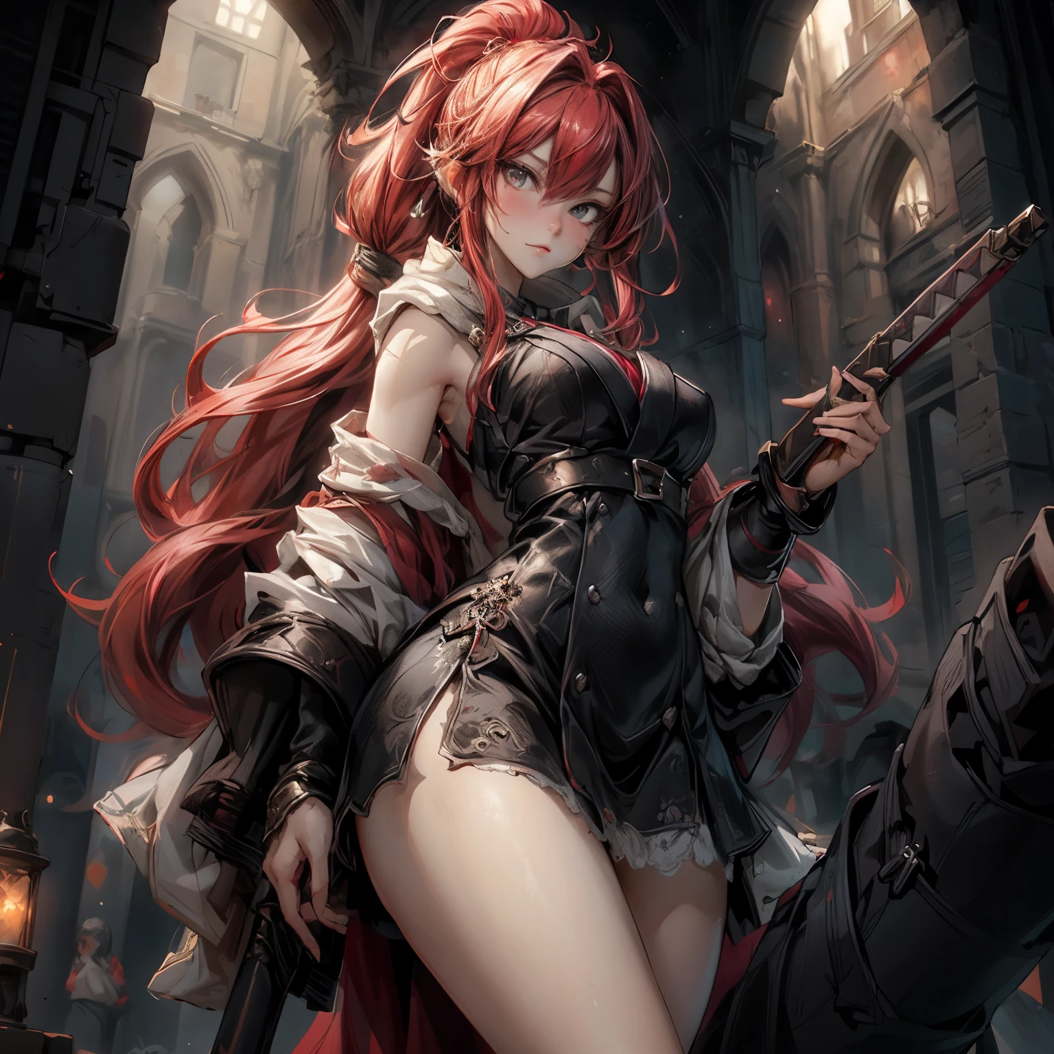 ((best quality)), ((Masterpiece)), ((Enrich the picture，Masterpiece level quality)), ultra background details, an image of a beautiful cyberpunk woman, mature woman, fierce woman, fantasy theme, hips up, fantasy, ((red hair, High ponytail)), beautiful golden eyes, super eyes details, จมูกโด่ง, ปากแดง, หน้าอกใหญ่, perfect proportions, ultra detailed, volumetric lighting, soft lighting, glossy skin, intricate golden embroidery, ต่างหู, slender fingers, close up face, sexy red mini skirt, sexy red mini bikini, holy paladin, Heavy paladin armor, แขนตรงแนบลำตัว, church, Holy Sword, 