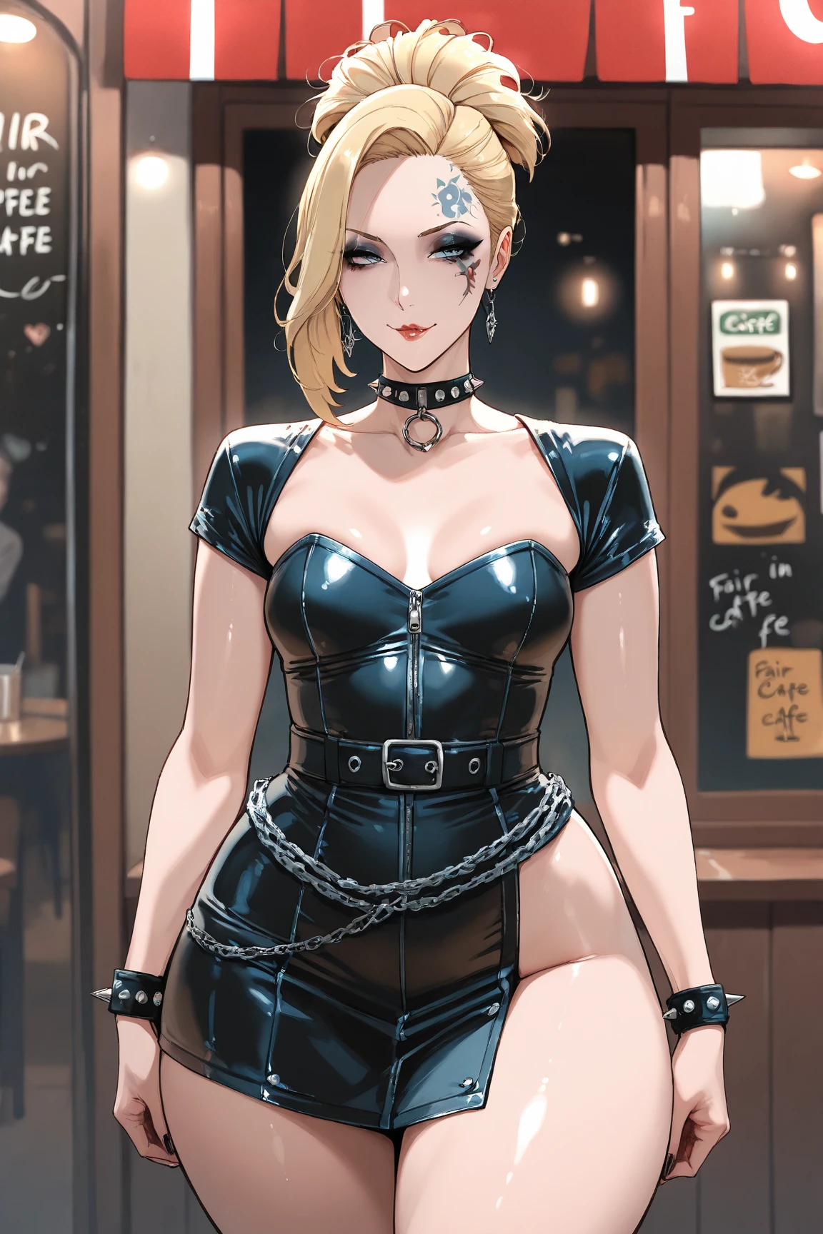 Masterpiece, Professional, High Definition - quality, sharp focus, perfect artwork, Best Illustration, trending on artstation, UHD, 4k, full body, NSFW 8k, masterpiece, RAW Photos, Highest quality, Realistic, extremely detailed CG unity 8k wallpaper, Depth of written boundary, Cinematic Light, Lens flare, Ray Tracing, (Very beautiful face, Beautiful Lips, Beautiful Eyes), Exquisitely detailed face, ((Highly detailed skin)) One girl, In the Dark, Deep Shadow, Cute Korean Girl, K-Pop Idols, 1 girl, (スリム slender fit-muscled body:1.3),,(smile:1.3), (Midnight, Dark Night, (Neon Signs), (Blurred Background), Dim Light), (No people in the background:1.3), Beautiful earrings, bracelet, necklace, Clear Eyes, walk,(Big eyes), (Full Body Shot), Open belly button, (View your viewers:1.3),D-cup soft breasts:1.8, Thick thighs, ,Blonde Mesh Wave Hair:1.8,I can see your belly:1.8,I can see your belly button:1.8,Glamorous Body:1.1,Small face:1.8,7 head styles:1.8,Short torso:1.8,Tight waist:1.3,Dark Skin:1.8,(Black leather bondage:1.5),Blonde Mesh Wave Hair:1.8,Colored contact lenses,long and voluminous lashes:1.5,Sunburned skin:1.8,Large, narrow eyes:1.9,Thin string panties:1.9,Bikini with small fabric areaボンテージ:1.8,I can see your bellyよ:1.8,Bikini with small fabric area:1.8,Low-rise panties:1.8,Thong Panties:1.9,Glamorous Body:1.3,Shopping Mall Background:1.5,Luxury Brands,Department store,Indoors and outdoors:1.8,European cityscape,Stand on your own two feet:1.8,Long, slender legs:1.8,The calves are thin:1.8,Thin ankles:1.8,Looking back backwards:1.8,