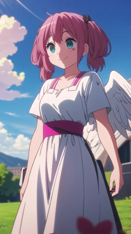  a girl, Alone, smile, pink hair, twintails, sky, clouds, white dress, long dress, angel wings