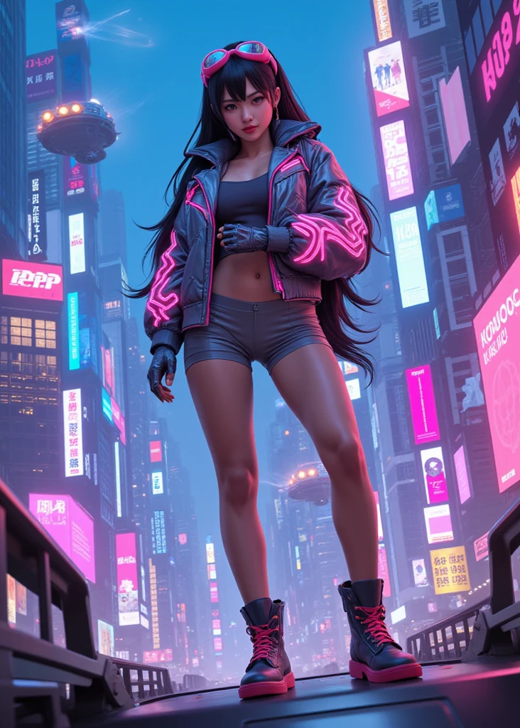 kuchiki rukia, punk, black hair, sexy, transparent pvc jacket, pink latex socks, sun, moon, reflections, clouds, waves, woods, otherworldy, 8k, big hips, massive butt, slender, skinny, tight body, trim little waist, narrow small waist, red leather ankle-high heeled boots, looking at the horizon, future tokyo, bodybuilder, supermodel, feminine, muscular, shredded, futuristic, black vynil tank top, dark bedroom, keylighting, dynamic, running, leaping, jumping, skyscrapers, city, metropolis, tech, techno, hi-tech, sci-fi, cyberpunk, foreshortening, movement, detailed face, complex outfit, detailed background, tilted, diagonal, from above, from below