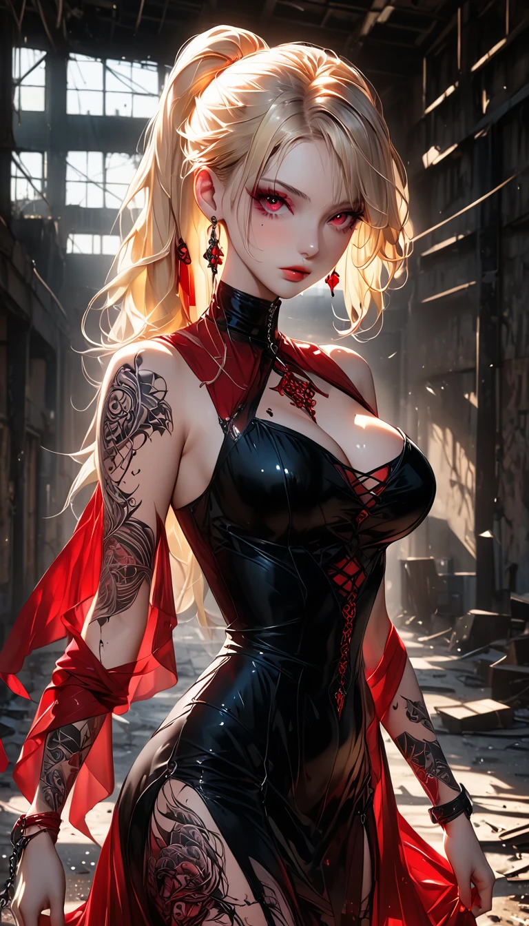 cute woman, blonde long thick eyelashes, iridescent blonde ponytail with bare forehead, sexy beauty expression, lewd great body proportion, wearing red tight fit gothic huge breasts dress, black pantyhose, red high heels, covered in tattoos, brandishing a dull shining chain, armpit, abandoned warehouse with high ceilings and broken glass on the bay, professional and perfect composition, extremely delicate depiction, extremely clear image, various effects, bold and dynamic, contrasts of light and shadow, 2.5D, artistic photography, hyper realistic, ultra detailed, absolutely resolution, masterpiece