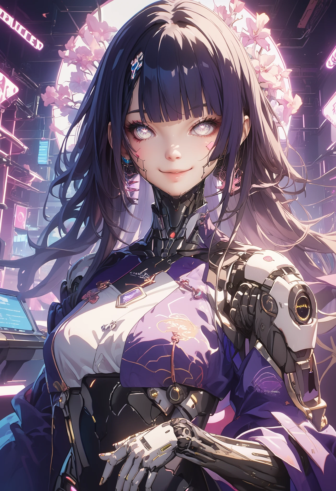 ( top quality, masterpiece, 8k:1.2), Rating Explicit, 1 girl, heterosexual lover, high definition, very aesthetic, with glossy skin, Beautiful Eyes, beautiful body,Japanese style, cyberpunk,Near future, machine body, cyborg, night view,heel,Japan,( black hair,hime cut, Long Hair , white eyes,smile, neon light, purple kimono,Lower body of the machine,Machine neck, machine arm ,Machine Face,),stand,