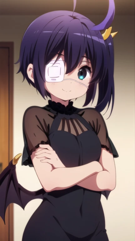  a girl, Alone, smile, dark purple hair, short hair, side ponytail, medical eyepatch, hell, succubus, horns, bat wings, black dress, long dress, looking at viewer