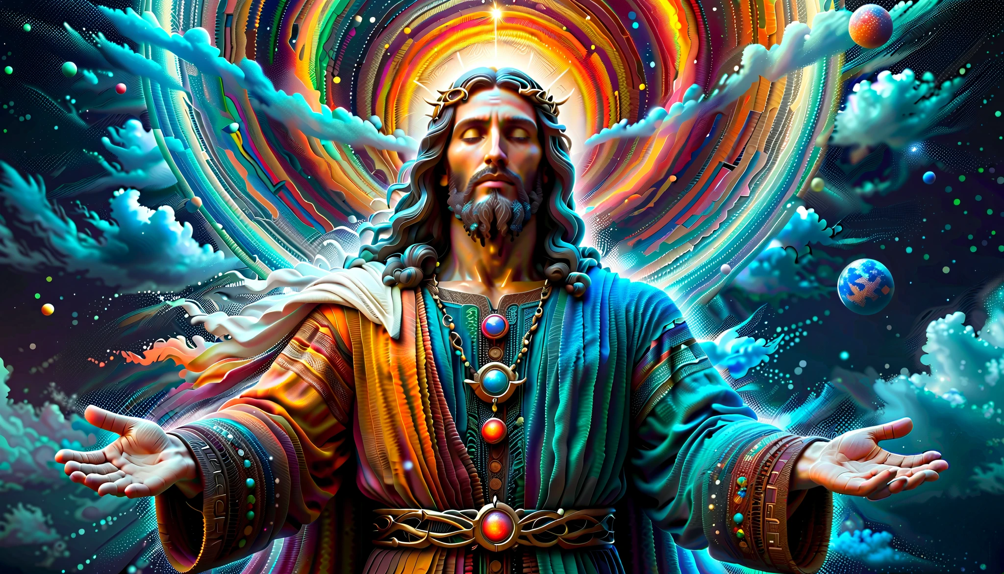 Attractive thumbnail for a YouTube video about the word of God . realistic, 4K, beautiful background in dark tones , woodblock style digital image , surreal art, that portrays a mystical figure with divine features , Jesus style that appears on the left of the image while on the right there is space for a text that will be added in the future. the figure is one chosen by the gods of spirituality , the figure is surrounded by clouds looking at the planets and ancient signs , Use a vibrant color palette , including blue , oranges and dark tones , to create heavenly contrast and an impressive visual effect . The person must have an aura , Halo and lighting .