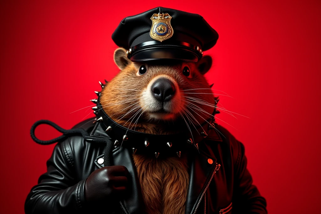Animal Brutal Beaver < professional photography, the word NDC , leather jacket, on his neck, looks like an alpha male , the background is red with lighting , high detail , on his neck is a black leather collar with spikes , holding a black whip , on his head is a black police cap with a badge , he's like a stripper