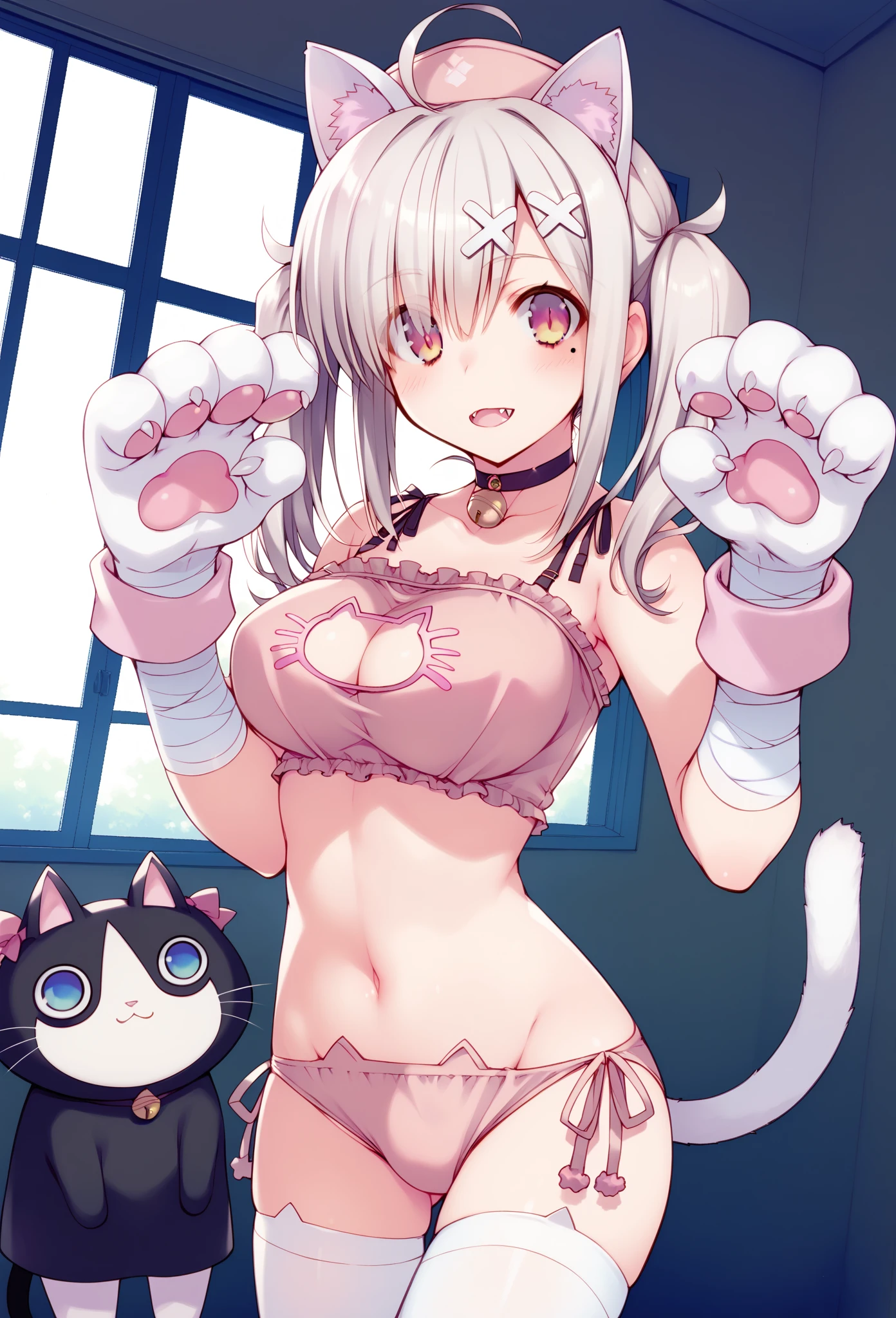 score_9, score_8_up, score_7_up, source_anime, aakana, long hair, twintails, ahoge, hat, nurse cap, x hair ornament, mole under eye, eyes visible through hair, blush, fangs, large breasts, bandaged arm,standing, cowboy shot

White Cat Lingerie, cat lingerie bra, cat lingerie panty, fake white cat ears, choker, Neck bell, big white cat paw gloves, white thigh-high socks,
Dutch angle,

amaduyu tatsuki style