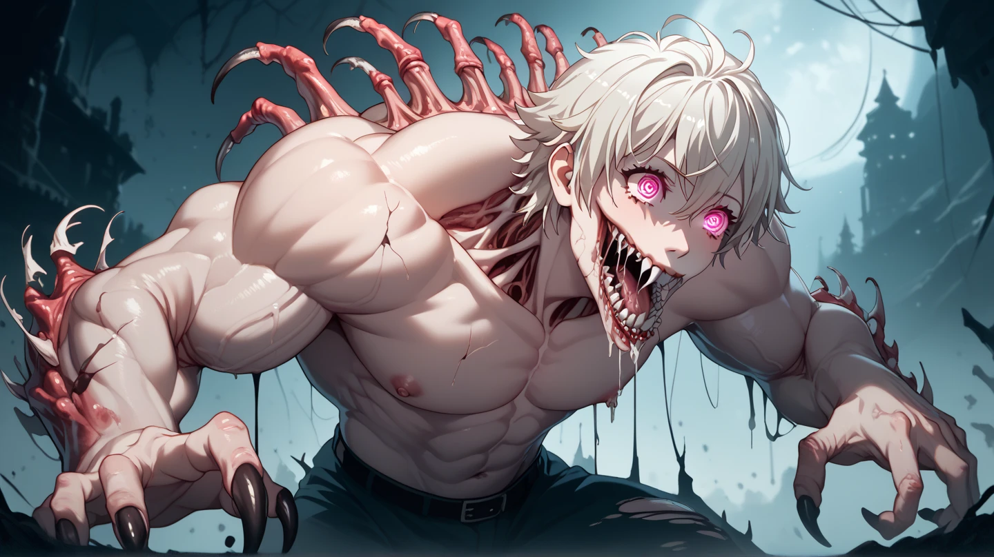 8k,high resolution,Hünkel,bandage,Silver Hair,Hulk-like body,(((18-year-old boy,Huge penis))),((Being pinned down by black tentacles)),Open your arms wide and clench your fists,Open your mouth wide,Wide, unfocused eyes,Many protruding veins,((Black tentacles attack from behind,The black liquid hits my solar plexus with force.:1.5)),Full body images,Painful expression,Grey undershirt,Huge erect penis,A lot of sweat, tears, drool and semen,In the middle of the Colosseum,Gives off an evil aura,Stand up and hold your chest out,Toned Muscles,rape,Devil's Body