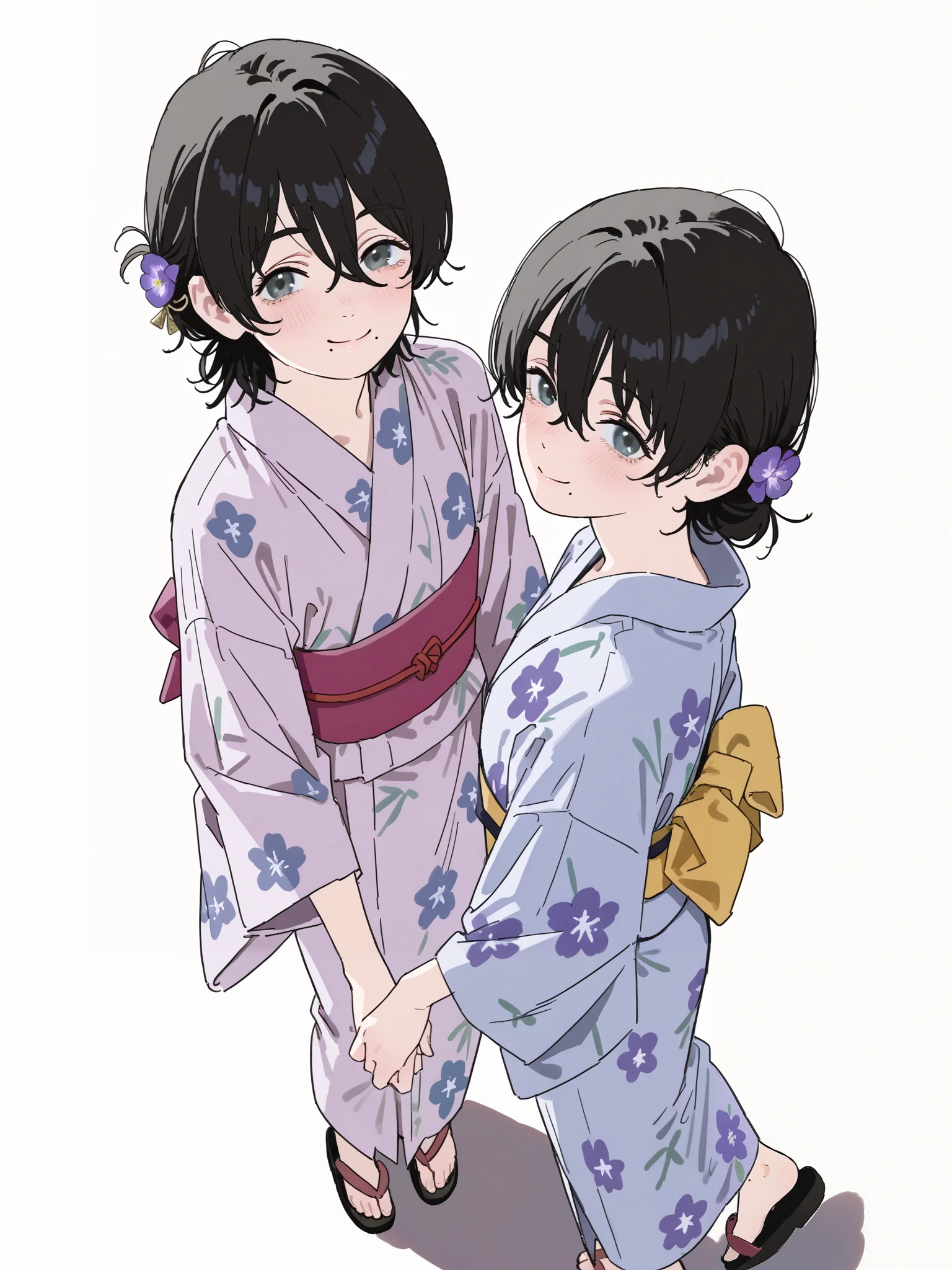  girls in yukata on a white background,posing side by side,yukatas,obis,pink yukata,violet yukata,flowery yukatas,,hair ornaments,sash,floral print,holding hands from above,smiling at viewer,white background,Fuj1noLB,highly detailed, black hair ,((full_body)), masterpiece,amazing quality,taken from the little fingers, short hair, best quality,very aesthetic,Cute,Mole under eye,Mole under mouth,Between eyes,Mole under mouth 