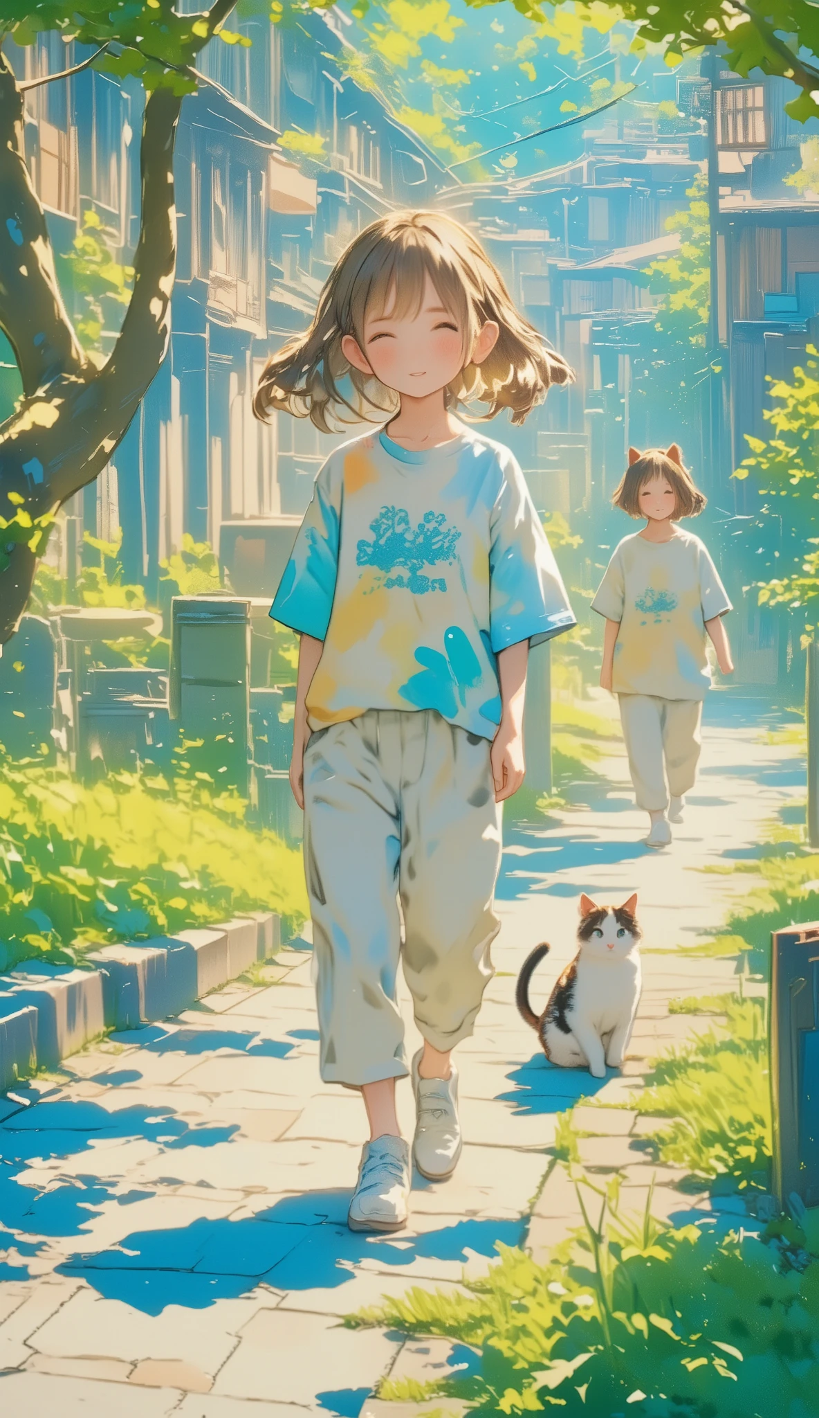  Girls and Calico Cats 、 cute girl、 Detailed depiction of a calico cat 、 Girls and Calico Cats  walking on a promenade、printingＴ shirt、3/ 4 Length Pants 、Old Japanese streetscape、Green Road 、 Different Worlds 、Create silence、