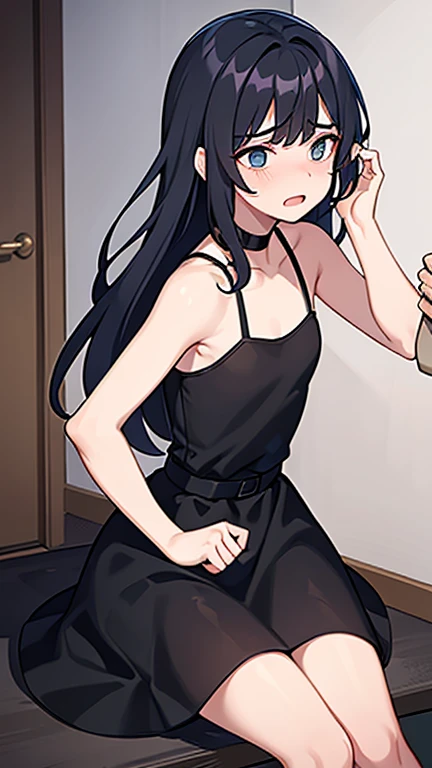 adulto, Cabello negro ondulado, mirada penetrante con ojos profundos de color rojo, estatura promedio, Silky hair with a ponytail hairstyle collected with a red bow with two white lines, tiene pechos grandes, primer plano, session, standing in the middle of his room [[[[pervertida]]] , Sonrojada, NSFW, mostrando mi culo a la camara, muslos grandes, gran culo, pechos grandes, lingerie, body sexy 
