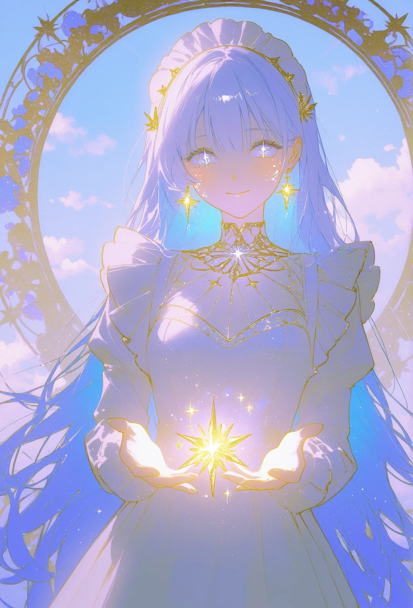 A masterpiece 8k illustration of a cheerful young girl with light lavender hair styled in straight bangs, wearing a soft blue and white maid outfit. She has a playful and endearing energy, making a peace sign close to her face while smiling warmly. Her large, sparkling eyes reflect hope and joy for the new year, with a light blush on her cheeks adding to her charm. A transparent heart-shaped decoration floats beside her, glowing faintly like crystal. In the background, a coiling snake with shimmering golden scales (representing the zodiac) gracefully weaves through soft pastel clouds. The scene is bathed in soft golden light cascading like a waterfall, symbolizing renewal and celebration. A glowing neon sign reads "Happy New Year 2025!" blending nostalgia with festivity.