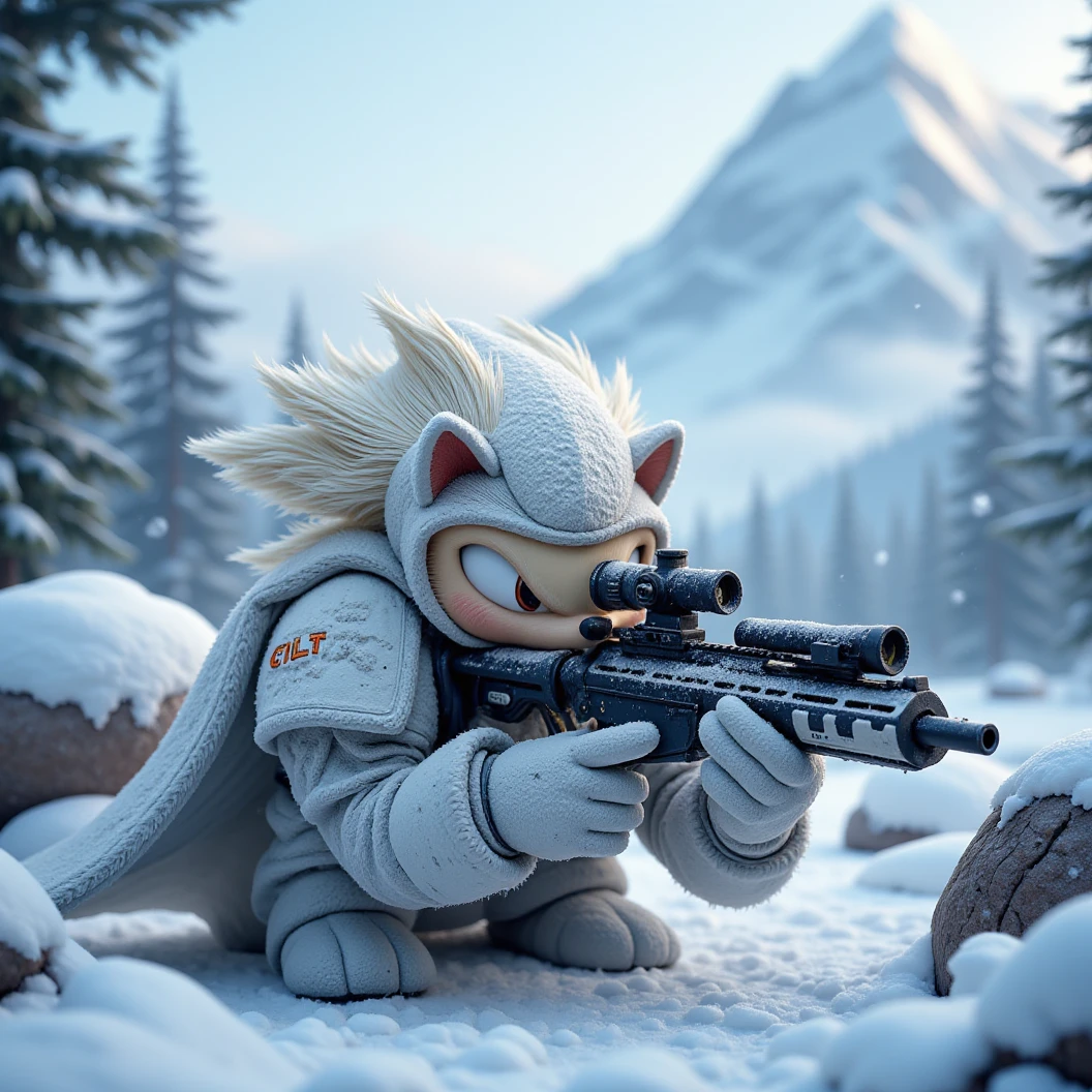 Imagine a muscular hedgehog soldier. He is a sniper donned in modern snow camo armor with a white cape. Surrounded by fallen trees and rocks that keep him out of sight. Lays flat on his stomach while he looks through the scope to line up his shot. His breath visible in the cold. Snow has fallen on to his back, creating more camouflage. The name "CLT Hedgehog" etched on the shoulder of his armor, identifying him to his troops. Behind him is a snow-covered mountain. The hedgehog waits in complete silence, focused on not missing his shot. High Resolution, Super Detailed, Award Winning, Cinematic Lighting, Depth Of Field, Image Fill, Floating particles, Dramatic, Cinematic, Accurate, Masterpiece. 