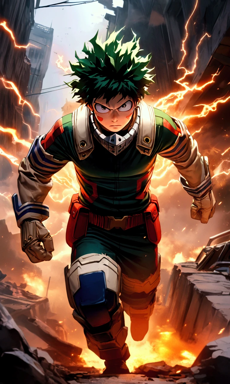 1 boy, Midoriya Izuku from Boku no Hero Academia, cena frontal, full body , detailed face and eyes , lightning electricity effects , Serious expression, detailed and handsome face , masterpiece , Ultra-detailed, photorealistic , cinematographic lighting , dramatic colors, intricate details , hyperrealistic poses, Digital Art, walking, background a battle scenario ,a city a ruins , fire, lightning and smoke