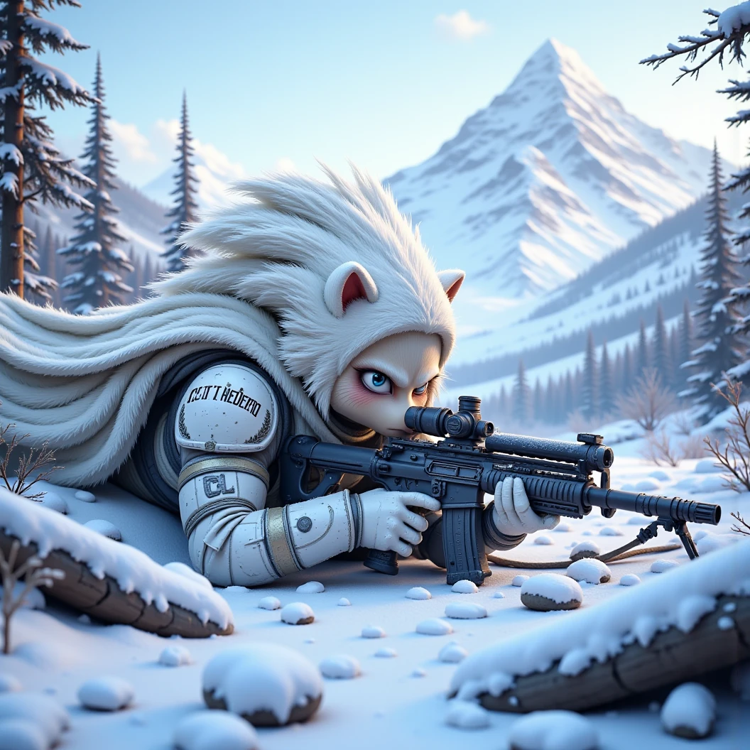 Imagine a muscular hedgehog soldier. He is a sniper donned in modern snow camo armor with a white cape. Surrounded by fallen trees and rocks that keep him out of sight. Lays flat on his stomach while he looks through the scope to line up his shot. His breath visible in the cold. Snow has fallen on to his back, creating more camouflage. The name "CLT Hedgehog" etched on the shoulder of his armor, identifying him to his troops. Behind him is a snow-covered mountain. The hedgehog waits in complete silence, focused on not missing his shot. High Resolution, Super Detailed, Award Winning, Cinematic Lighting, Depth Of Field, Image Fill, Floating particles, Dramatic, Cinematic, Accurate, Masterpiece. 