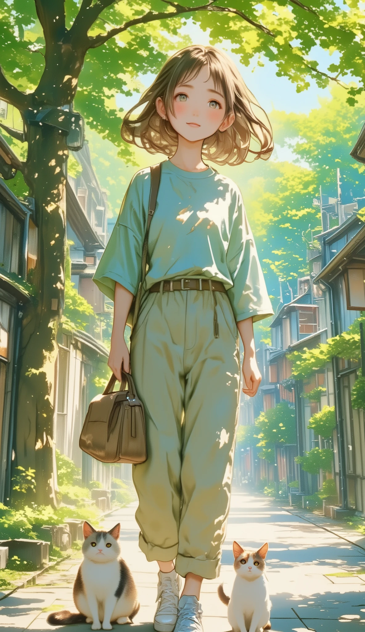 Girls and Calico Cats 、 cute girl、 Detailed depiction of a calico cat 、 Girls and Calico Cats walking on a promenade、printingT shirt、3/ 4 Length Pants 、Old Japanese streetscape、Green Road 、 Different Worlds 、Create silence、