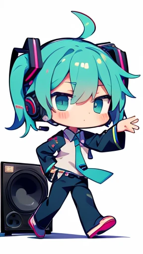  white background，Moonwalk， s， short， Hatsune Miku ， chibi ,Alone ,cartoon of a hatsune miku walking past a bunch of speakers with a blue bandanna, look like someone is dancing, animation style, dancing character, lof hip hop, 2 d animation, 2d anim ation, animated style, rapping, animation illustrative style, 2 d style, he is dancing, digital 2d animation, official modern animation, animation style render