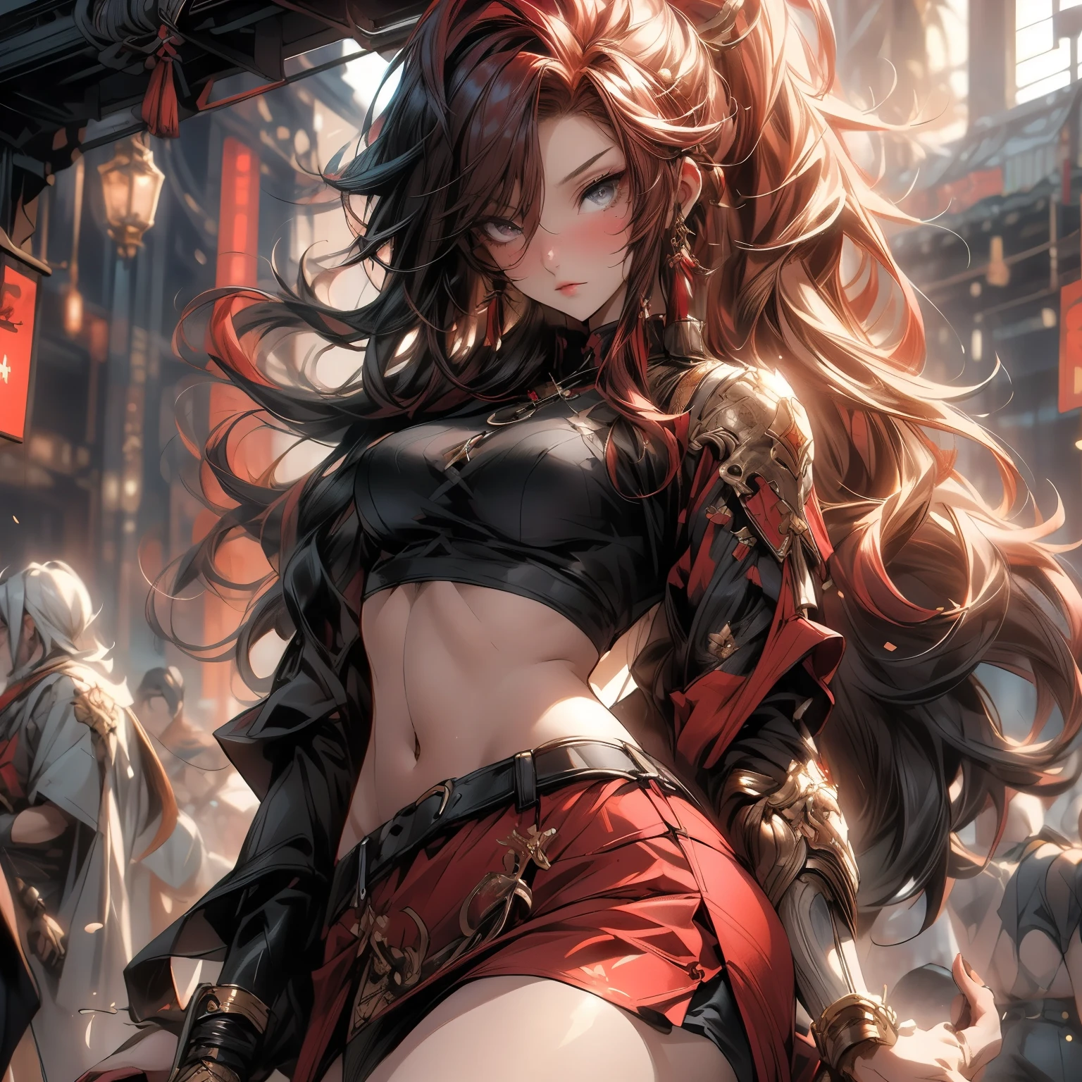 Japanesse beautifull girl, pink & brown hair add high definition_detail:1, kitsune ears, tribal tattoo add_detail:1, in hell add_detail, barefoot, city night landscape add_detail:1 ,alas hermosas la mejor calidad y detail en las flumas, blue saturation light, ( black blouse navel, black navel skirt))