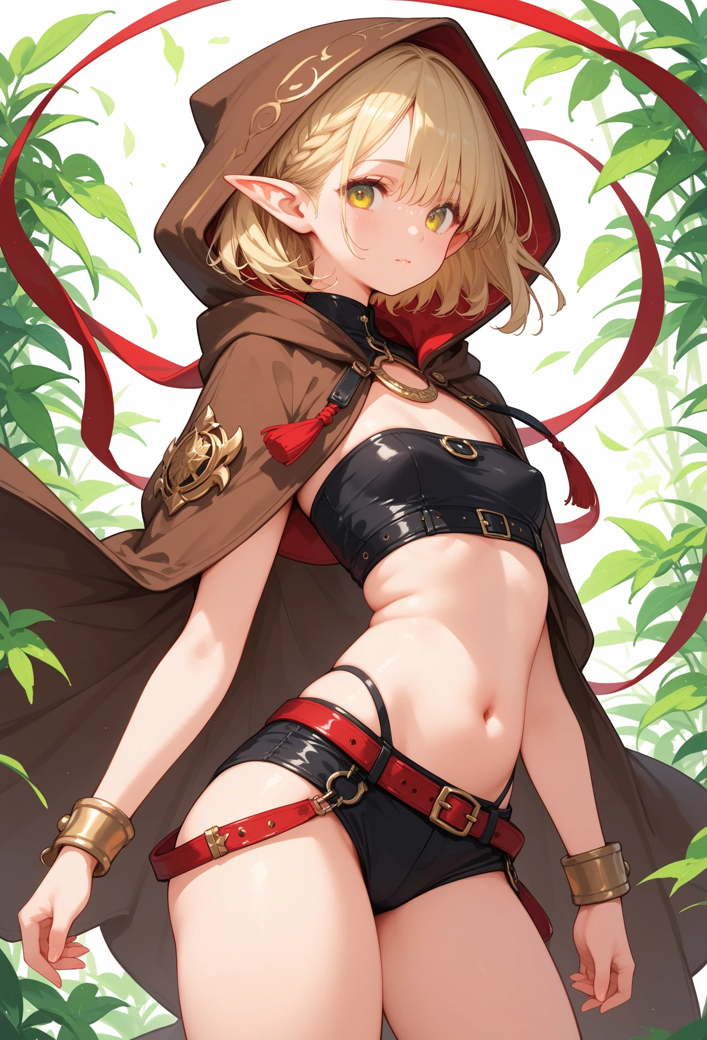 One Girl, A girl is posing for a photo, pretty girl, Enchanting girl, Beautiful Anime Girls, (((A young, short 5-year-old girl))),
((Blonde, Bangs that expose the forehead, Very long, curly twin-tail hair:1.4), (blue eyes)),
((black micro bikini + Black elbow gloves + Black knee-high boots with gold trim and edging:1.4), (He is wearing a layered red robe.:1.4, A red, wide-brimmed, pointed hat:1.4, Old cane bigger than a girl:1.4)),
((Gold Bracelet, Gold Earrings, fancy gold necklace)),
BREAK Sensual,((Small breasts)),
BREAK
(Beautiful Hair, Shiny Hair, Shiny Hair)),
(Double eyelids, Long eyelashes),
(Expression of fine eyes, Beautiful and delicate eyes, Sparkling eyes, Eye Reflexes),
(Beautiful Nose,Thin Nose), (Human Ear),
(Glossy Lips, Beautiful Lips, thick lips),
(Symmetrical facial features, Perfect Face), (Beautiful breasts), (Detailed skin, Oily skin, Textured skin, Glowing Beautiful Skin),
BREAK
(((Embarrassed)),
BREAK
((Fantasy World:1.4, forest:1.4 + On the Cliff, Standing facing the viewer:1.4)), ((Angle from the front, Cowboy Shot:1.4)),
BREAK
((Ultra-high resolution)), (((masterpiece))), (((highest quality))), ((8k)), (Attention to detail), (Beautiful sparkle), (High detail), (Anatomically correct)),
((Realistic)), ((The best CG)), Highly detailed art, CG illustration, ((Line art)),