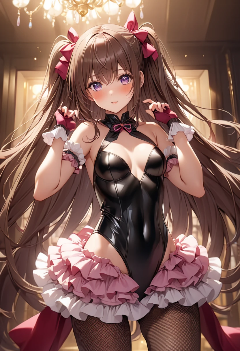 (masterpiece,best quality, detailed), 1girl, solo, indoors, smile, open mouth, hands on hips, stage, spotlight,
mizuki yukikaze, hair ribbon, one-piece tan, bridal garter, detached sleeves, frills, heart cutout, corset, breastless clothes, frilled collar, micro panties, brooch,