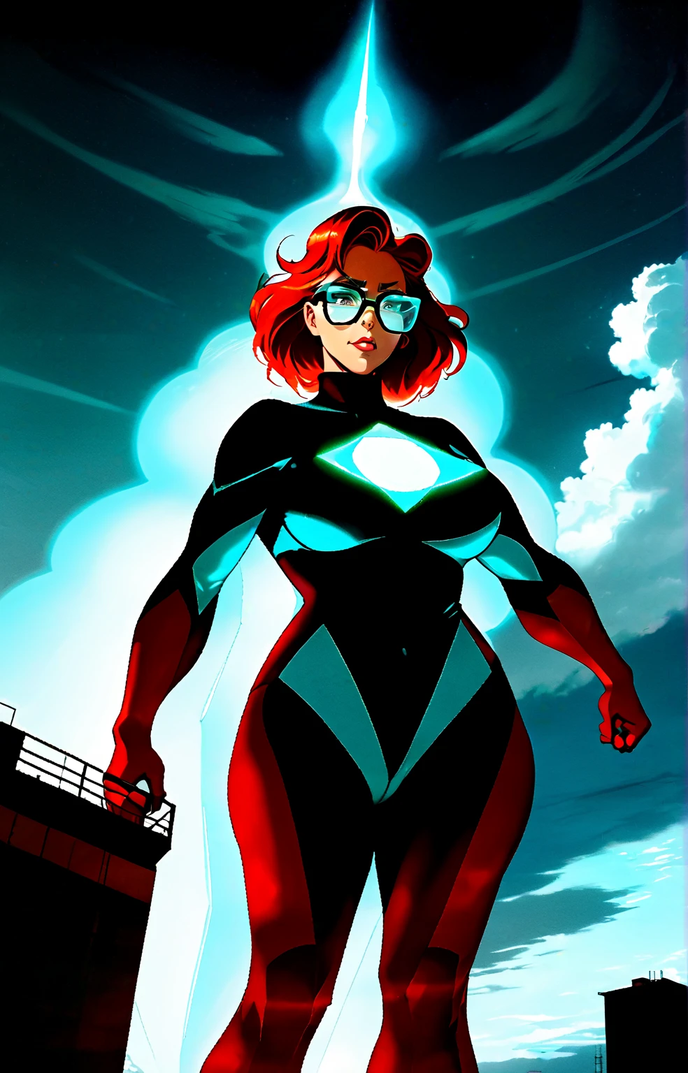 Woman, 30 years old. Nuclear scientist. Labcoat and glasses. Dark red hair. Irradiated by a radiation leak at nuclear power plant. Iridescent blue glow. She is transforming, growing into a 80ft tall giantess. Her muscles tighten and bulge. Her limbs lengthen and hips widen. Her breasts swell to enormous proportions. She grows through the roof of the containment building. Feeling powerful, strong,  sexy. 