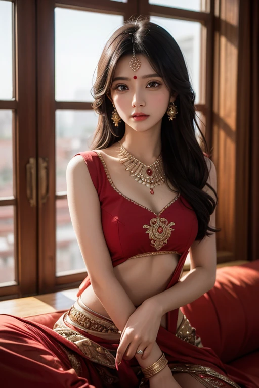 Sexy woman dazzles in a stunning red saree
