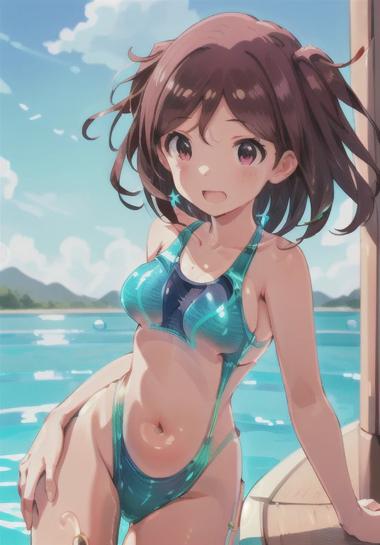 Highest quality, 32K, High resolution, masterpiece:1.5, A single person swimming in the beautiful world of the sea, Cute anime-style illustration, god々With a dazzling brightness and healing power, , Expressing emotions, Have a rich imagination, Cute Japan, Perfect Human Anatomy, Big gradient color eyes, Motherhood and generosity, Deep Love, ((A mischievous smile:1.4)), ((Shiny brown hair:1.5)), Pony Rail, Asymmetrical bangs, Hair between the eyes, Transparent, soft white skin, Sharp eyebrows, Thin lashes, Natural Makeup, Detailed and cute lips, (Green Bikini:1.2), ((Bright and beautiful underwater:1.3)), ((Colorful coral reefs:1.2)), God's Secret