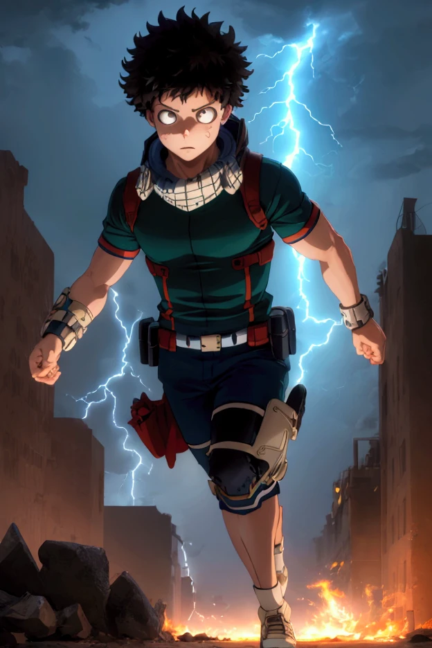 1 boy,  Midoriya Izuku from Boku no Hero Academia, cena frontal,  full body ,  detailed face and eyes ,  lightning electricity effects ,  Serious expression,  detailed and handsome face ,  masterpiece ,  Ultra-detailed,  photorealistic ,  cinematographic lighting , dramatic colors,  intricate details ,  hyperrealistic poses, Digital Art, walking,  background a battle scenario ,a city a ruins , fire, lightning and smoke
