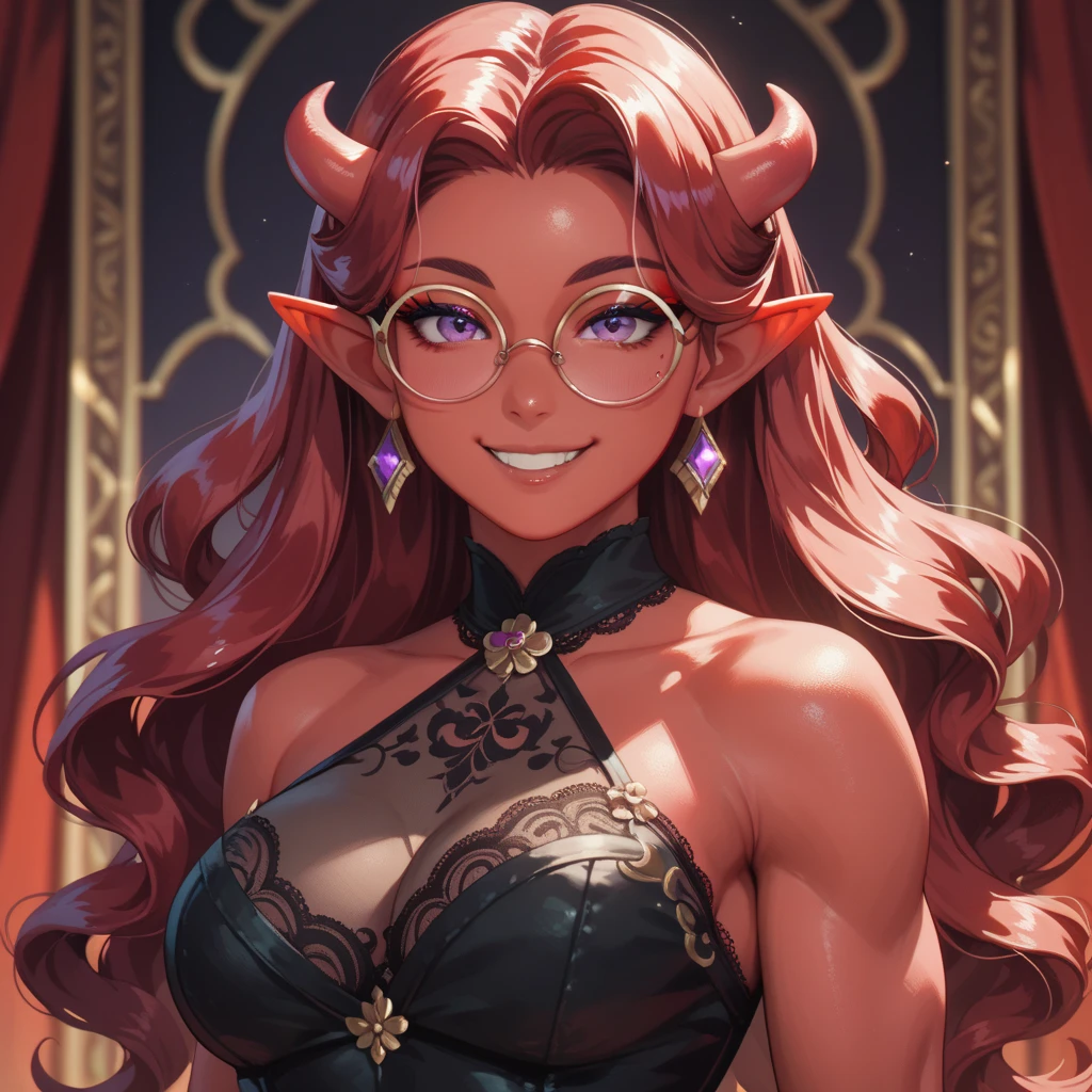 Oni tiefling woman , Hair in the color white, purple eyes,  wearing round frame glasses ,  shimmering reddish red skin color , Smile at ,  pointy ears,  definite athletic physique,  wearing a dress with black lace details with a neckline on the breasts, anime art