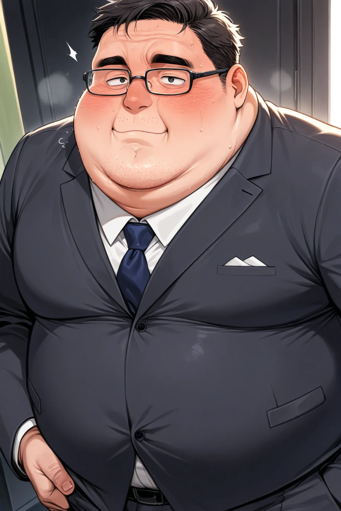 obese fat man (middle-aged, cleft chin, chubby face, glasses,suit)