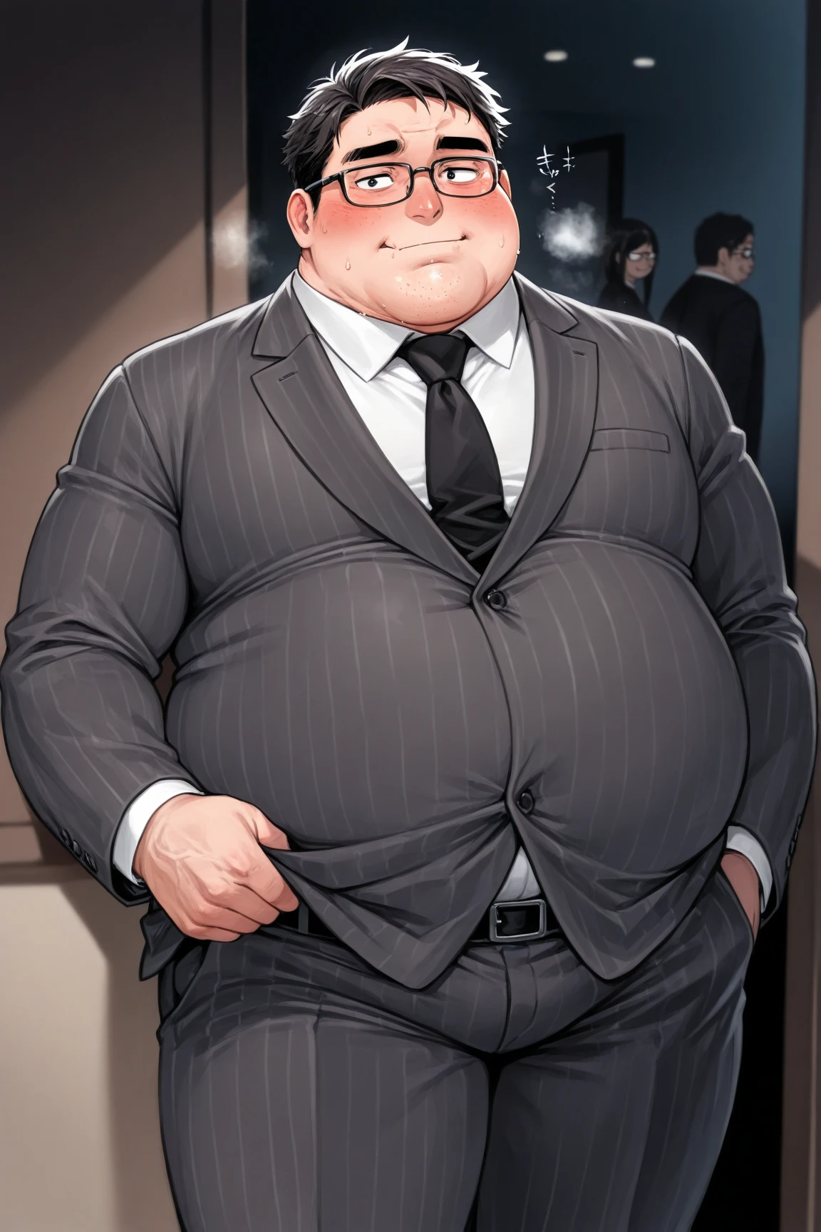 obese fat man (middle-aged, cleft chin, chubby face, glasses,suit)