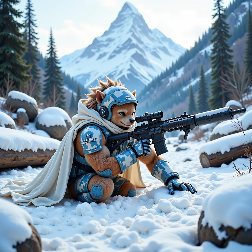 Imagine a muscular hedgehog soldier. He is a sniper donned in modern snow camo armor with a white cape. Surrounded by fallen trees and rocks that keep him out of sight. Lays flat on his stomach while he looks through the scope to line up his shot. His breath visible in the cold. Snow has fallen on to his back, creating more camouflage. The name "CLT Hedgehog" etched on the shoulder of his armor, identifying him to his troops. Behind him is a snow-covered mountain. The hedgehog waits in complete silence, focused on not missing his shot. High Resolution, Super Detailed, Award Winning, Cinematic Lighting, Depth Of Field, Image Fill, Floating particles, Dramatic, Cinematic, Accurate, Masterpiece. 