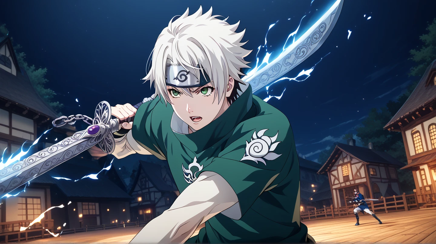 A dynamic and action-packed anime scene featuring Totsuka Saika and Sasuke Uchiha engaged in an intense sword fight. Totsuka Saika wields a long, shiny, sharp sword with a dragon pattern, wearing black evil dragon-themed armor. He has short white hair, dark green eyes, and an intense expression. Sasuke Uchiha, with short black hair, wears blue sea serpent armor and fights with a fierce, menacing aura. Both are in dramatic fighting stances, swords clashing mid-air, illuminated by the moonlight. The setting is a Tokugawa-era Japanese village at night, with traditional wooden houses, glowing lanterns, and a mysterious atmosphere. Detailed eyes, sharp visuals, and dynamic motion, with Sasuke laughing menacingly in the heat of the battle. HD, cinematic lighting, epic and dramatic composition