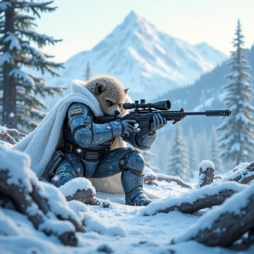 Imagine a muscular hedgehog soldier. He is a sniper donned in modern snow camo armor with a white cape. Surrounded by fallen trees and rocks that keep him out of sight. Lays flat on his stomach while he looks through the scope to line up his shot. His breath visible in the cold. Snow has fallen on to his back, creating more camouflage. The name "CLT Hedgehog" etched on the shoulder of his armor, identifying him to his troops. Behind him is a snow-covered mountain. The hedgehog waits in complete silence, focused on not missing his shot. High Resolution, Super Detailed, Award Winning, Cinematic Lighting, Depth Of Field, Image Fill, Floating particles, Dramatic, Cinematic, Accurate, Masterpiece. 