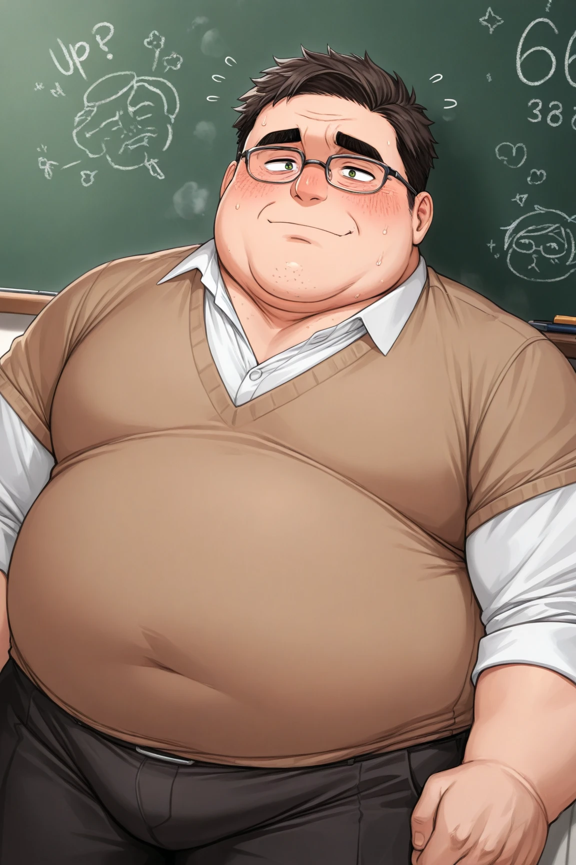 obese fat man (middle-aged, cleft chin, chubby face, glasses,teacher)