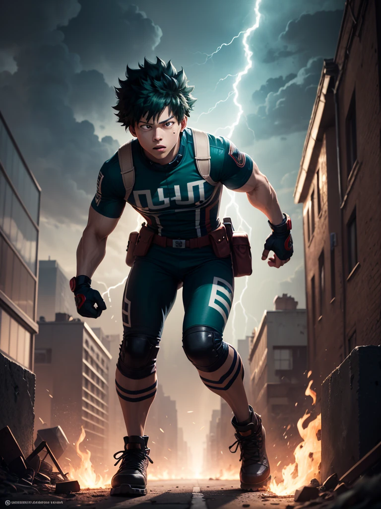 Midoriya Izuku, disfraz de bombero, pantalones de bombero, sin camisa, casco de bombero, manos en los pantalones, musculoso, pecho grande, mirada seductora